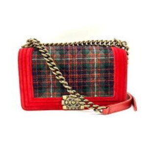 Chanel Boy chain shoulder bag red green check horizontal velour lining